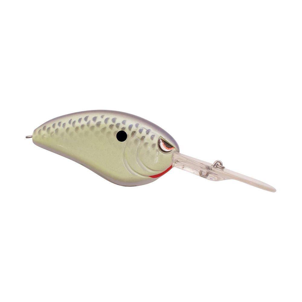 The SPRO Little John DD 70 Crankbait is a green and silver baitfish-imitating lure with a large plastic lip, black eye spot, red mouth accent, and Gamakatsu treble hooks for deep diving action.