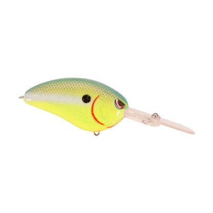The SPRO Little John DD 70 Crankbait is a brightly colored lure shaped like a small fish, with a yellow belly, green back, red gill markings, black eye spot, and a long clear plastic lip for deep diving.