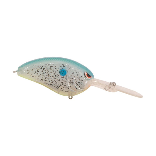 The SPRO Little John DD 70 Crankbait is a deep-diving bait with a blue top, white body with black speckles, a small blue dot, long clear bill, and premium Gamakatsu treble hooks for secure catches.