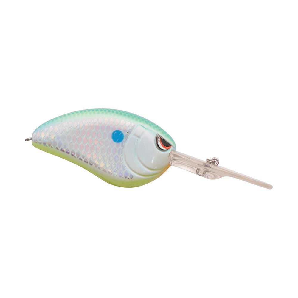 The SPRO Little John DD 70 Crankbait is a shiny, fish-shaped deep diver featuring a light blue and green scaled body, blue head spot, Gamakatsu treble hooks, and a long clear plastic lip for increased depth.
