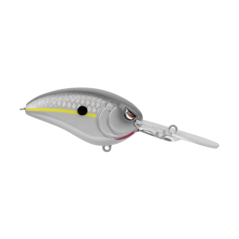 The SPRO Spro Little John DD 70 Crankbait is a silver, fish-shaped deep diver with a textured scale pattern, yellow side stripe, black head spot, clear plastic lip, and sharp Gamakatsu treble hooks for secure catches.
