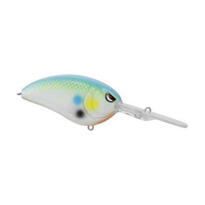 The SPRO Spro Little John DD 70 Crankbait features a small fish shape with blue, green, yellow, and white colors, a lifelike eye, a clear diving lip, and sharp Gamakatsu treble hooks for reliable hooksets.