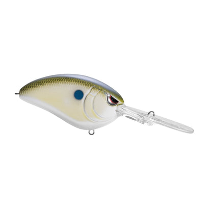 The SPRO Spro Little John DD 70 Crankbait features a white belly, greenish back, black spot near the head, long transparent lip, and sharp Gamakatsu treble hooks for deep diving and reliable hooksets.