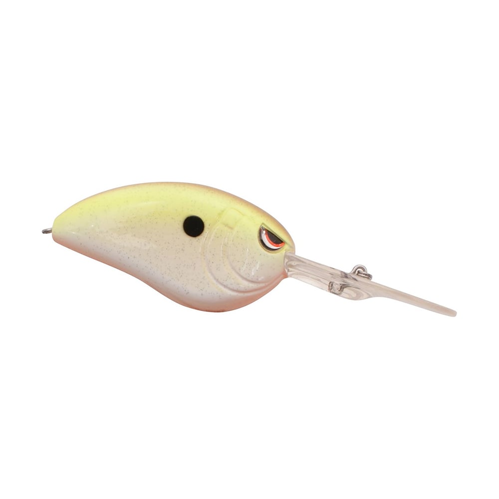 The SPRO Little John DD 70 Crankbait features a yellow and pale white rounded body, black center dot, artificial eye, Gamakatsu treble hooks, and a forward-extending transparent plastic lip for deep diving.