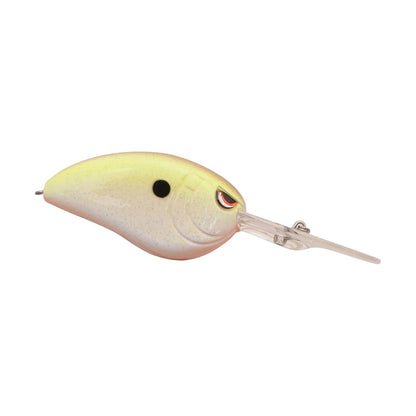 The SPRO Little John DD 70 Crankbait features a yellow and pale white rounded body, black center dot, artificial eye, Gamakatsu treble hooks, and a forward-extending transparent plastic lip for deep diving.