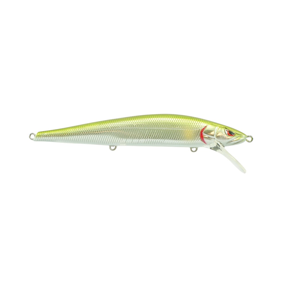 The SPRO Spro McStick 110 Suspending Jerkbait features a shiny, fish-shaped body with a greenish-yellow back, silvery sides, red gill markings, and a clear plastic lip for diving.