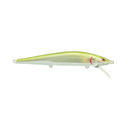 The SPRO Spro McStick 110 Suspending Jerkbait features a shiny, fish-shaped body with a greenish-yellow back, silvery sides, red gill markings, and a clear plastic lip for diving.
