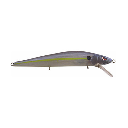 The SPRO Spro McStick 110 Suspending Jerkbait features a silver and gray body with a yellow stripe, black eyes, and a clear plastic lip, designed to mimic a small fish.