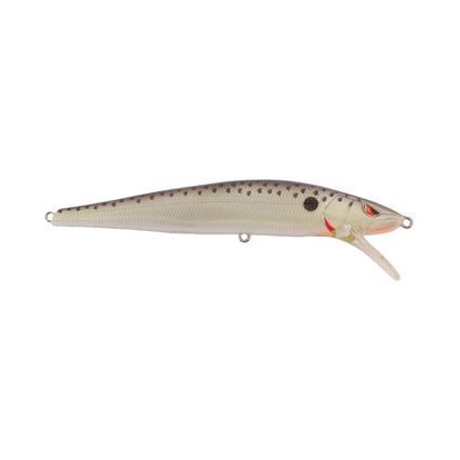 The SPRO McStick 110 Suspending Jerkbait mimics a small fish with a silver body, dark back spots, red eyes, and a clear lip under its head for diving.