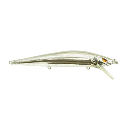 The SPRO McStick 110 Suspending Jerkbait is a silver, fish-shaped lure with textured body, orange/black eyes, clear diving lip, Gamakatsu hooks, and three attachment rings.
