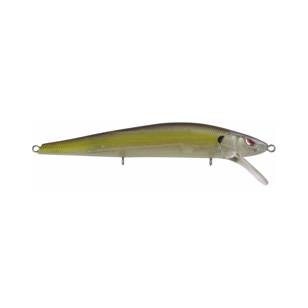 The SPRO McStick 110 Suspending Jerkbait is a realistic, fish-shaped lure with a greenish top, translucent sides, red and silver eye, small diving lip, metal hook loops, and suspending action to entice strikes.