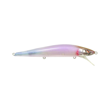 The SPRO McStick 110 Suspending Jerkbait is a fish-shaped lure with a shiny purple and silver body, red eyes, clear plastic lip, and three Gamakatsu attachment loops.