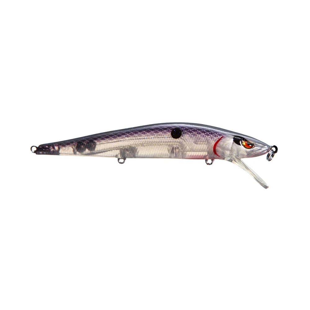 The SPRO Spro McStick 110 Suspending Jerkbait is a transparent, fish-shaped lure with a purple tint, orange eyes, red gill mark, and a plastic diving lip. It features sharp Gamakatsu hooks to attract fish.