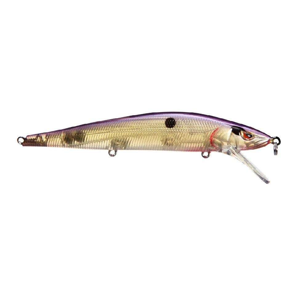 The SPRO McStick 110 Suspending Jerkbait is a translucent lure with a purple back, red eye, dark head spot, and clear diving lip. It features metal line ties at both ends and sharp Gamakatsu treble hooks for reliable performance.