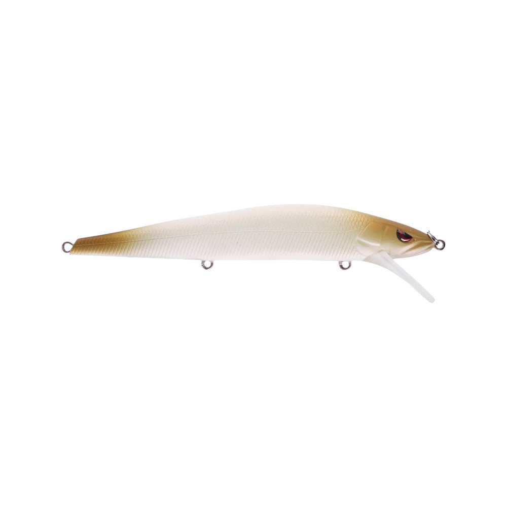 The SPRO McStick 110 Suspending Jerkbait features a brown gradient back, white sides and belly, lifelike fish eye, and clear lip to mimic small baitfish, and is equipped with sharp Gamakatsu hooks for reliable performance.