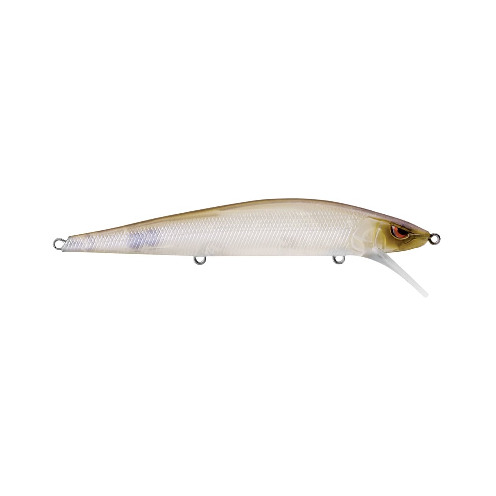 The SPRO McStick 110 Suspending Jerkbait features a streamlined, fish-like body with an olive green top, white belly, red eyes, and a clear plastic lip for diving action.