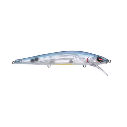 The SPRO McStick 110 Suspending Jerkbait is a clear, fish-shaped lure with a blue-tinted back, red head accent, black eyes, and a transparent angled lip for diving.