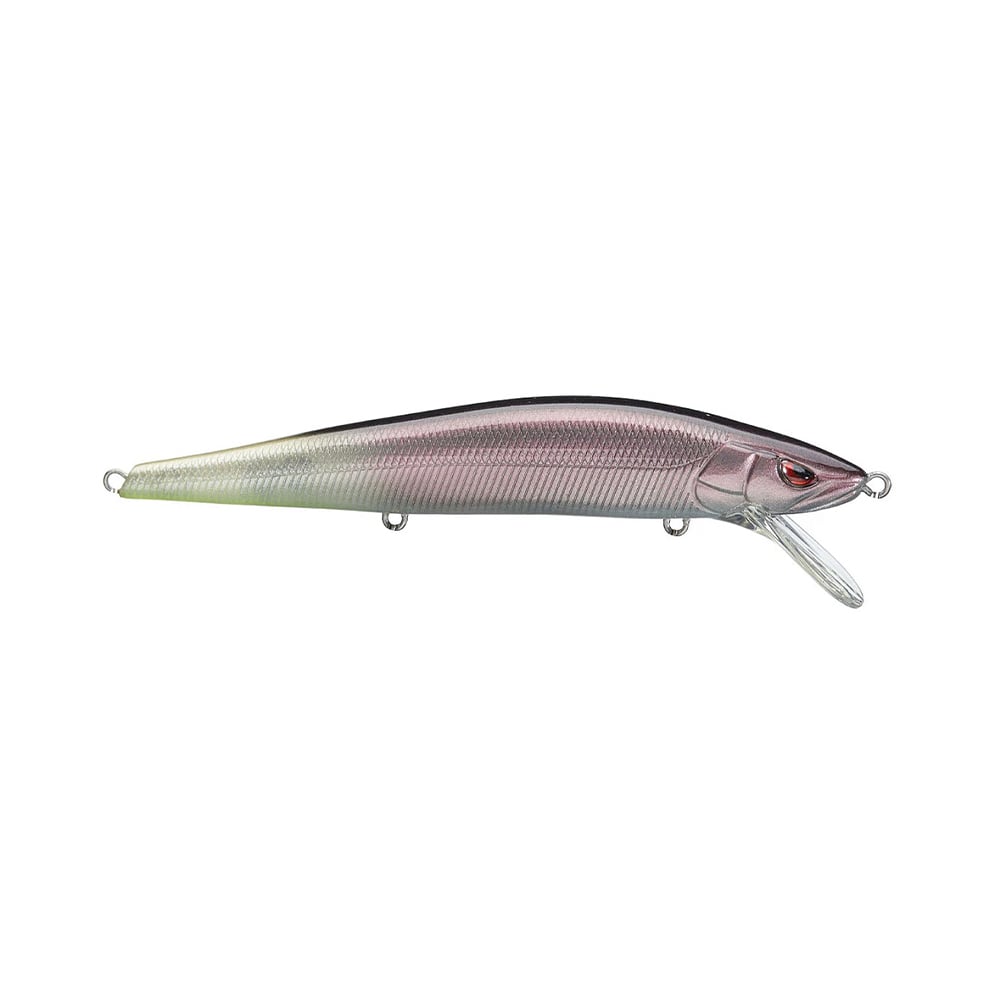 The SPRO Spro McStick 110 Suspending Jerkbait is a realistic, fish-shaped lure with a silver and purple body, textured scales, black back, red eyes, Gamakatsu hooks, and a clear plastic lip for attracting predatory fish.