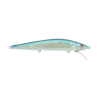 The SPRO McStick 110 Suspending Jerkbait is a shiny blue and silver fish-shaped lure with a red eye and clear plastic diving lip, shown on a white background.