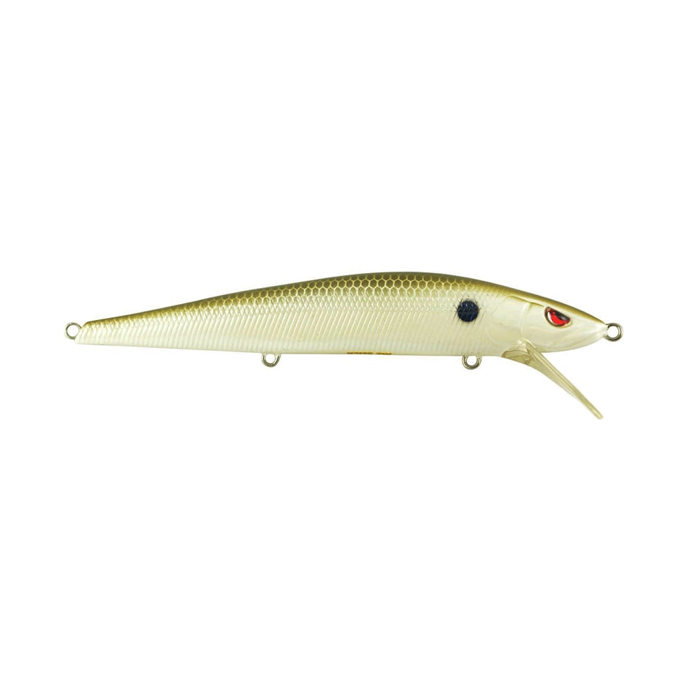 The SPRO McStick 110 Suspending Jerkbait is shaped like a small fish, with a light gold and white body, scale pattern, red and black eyes, and a clear plastic lip under the head.