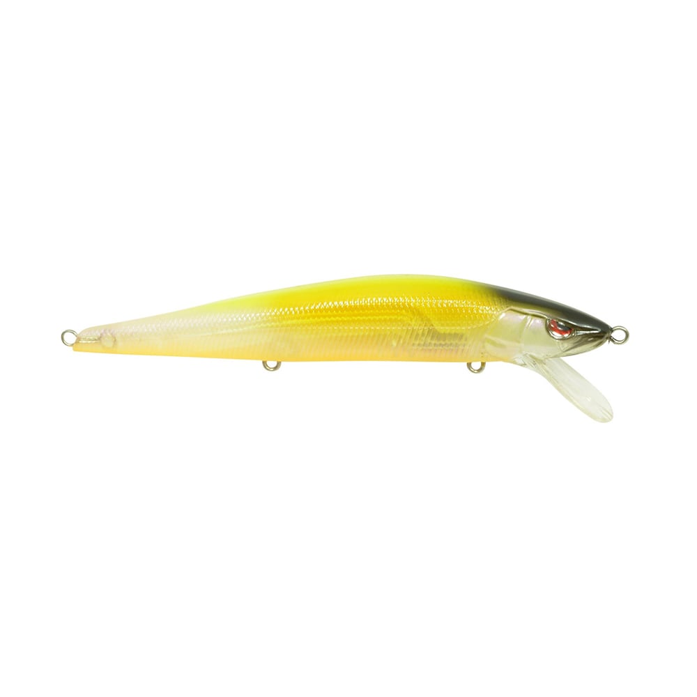 The SPRO McStick 110 Suspending Jerkbait features a yellow, translucent body, black top, red eye detail, and clear diving lip—ideal for use with Gamakatsu hooks.