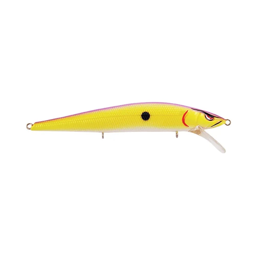 The SPRO McStick 110 Suspending Jerkbait is a yellow and purple lure with a red curved line near the eye, a black side dot, and a clear plastic lip for diving.
