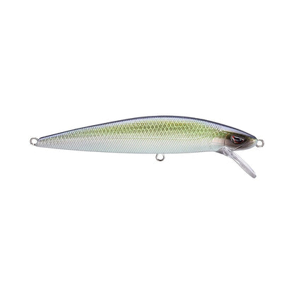 The SPRO McStick 95 Suspending Jerkbait mimics a small fish with a green back, silver sides, translucent body, clear diving lip, realistic eyes, three line tie loops, and features Gamakatsu treble hooks.