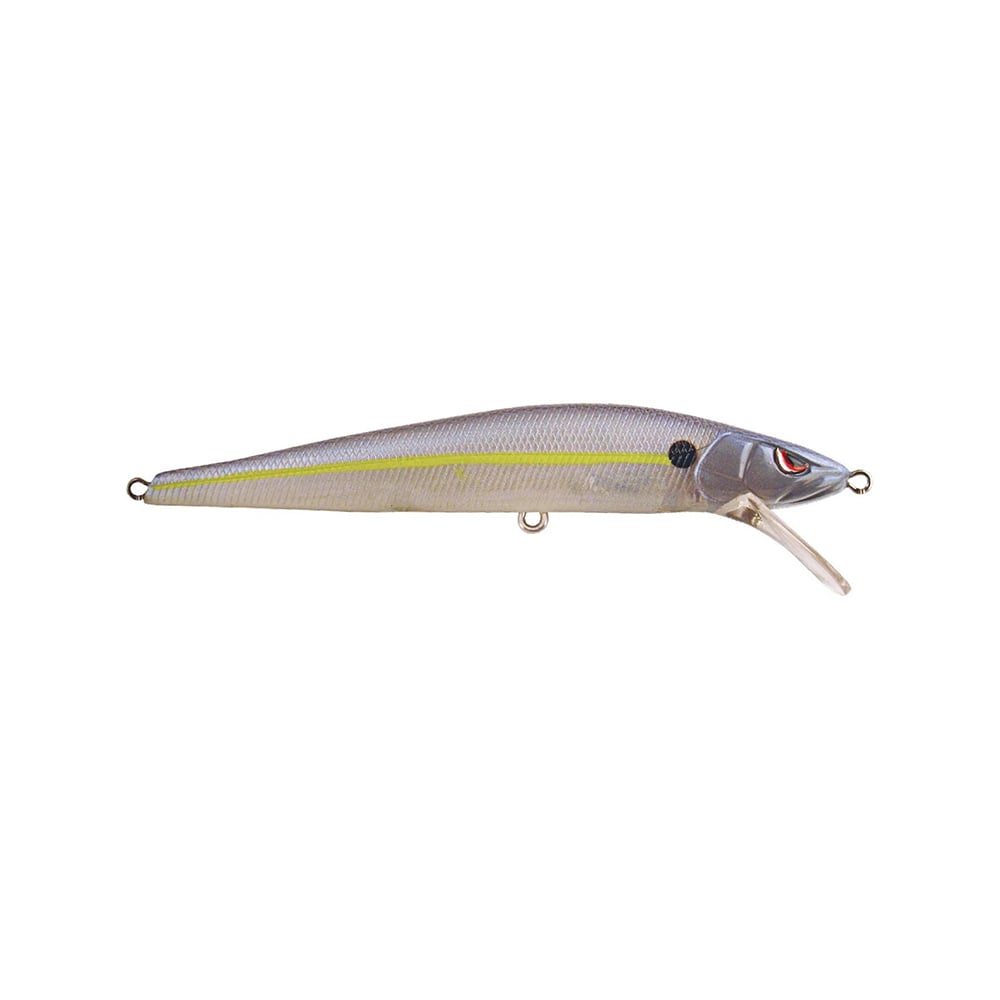 The SPRO McStick 95 Suspending Jerkbait features a silver/yellow fish shape, red and black eye, clear diving lip, three attachment loops, and sharp Gamakatsu treble hooks.