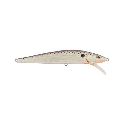 The SPRO Spro McStick 95 Suspending Jerkbait is a lifelike lure shaped like a small fish, with a white body, black spots, dark back, red gill marks, clear plastic lip for diving, and sharp Gamakatsu treble hooks.