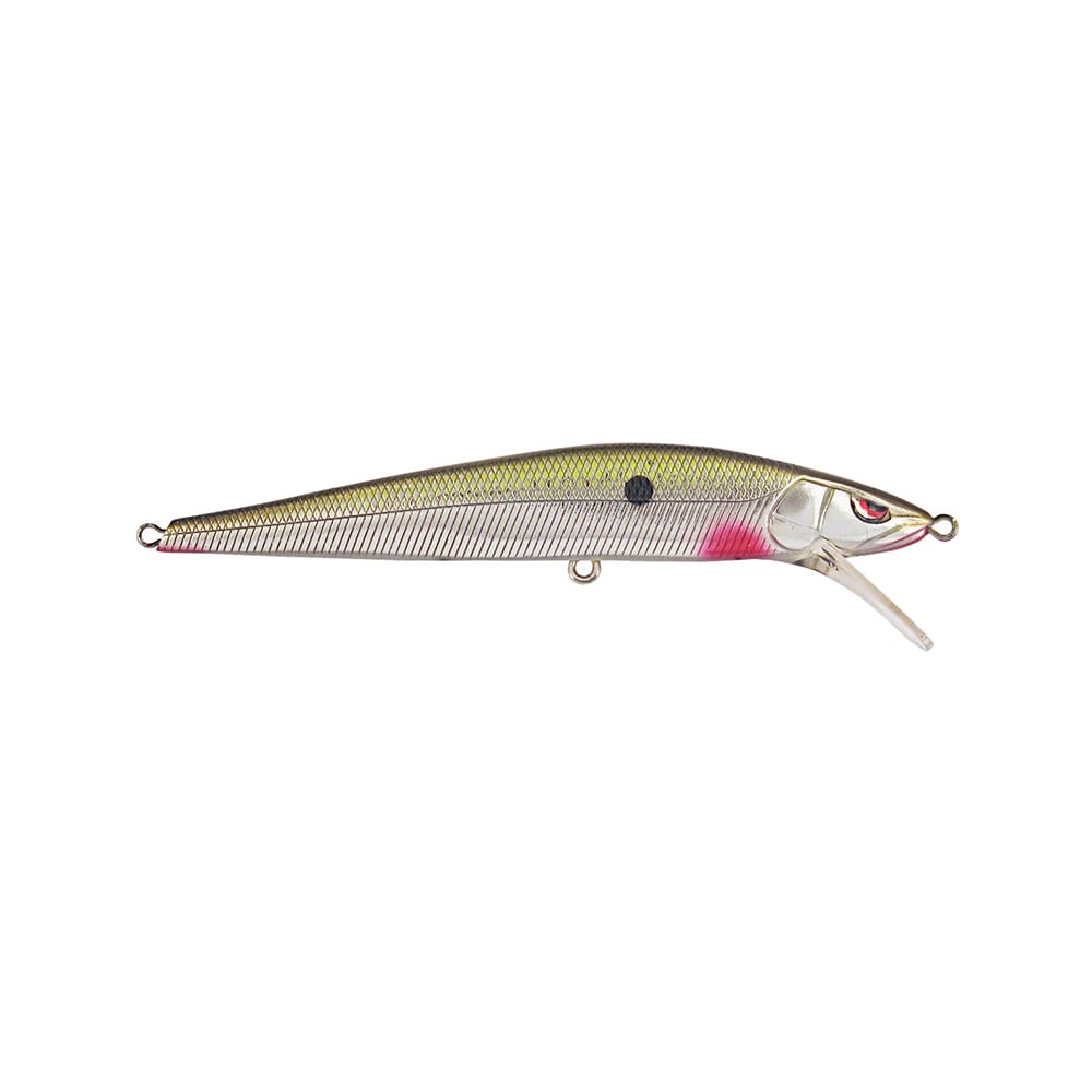 The SPRO McStick 95 Suspending Jerkbait mimics a small fish, featuring a silver body, yellow-green back, red mouth detail, side black dot, and clear diving lip. Equipped with sharp Gamakatsu treble hooks for reliable hooksets.