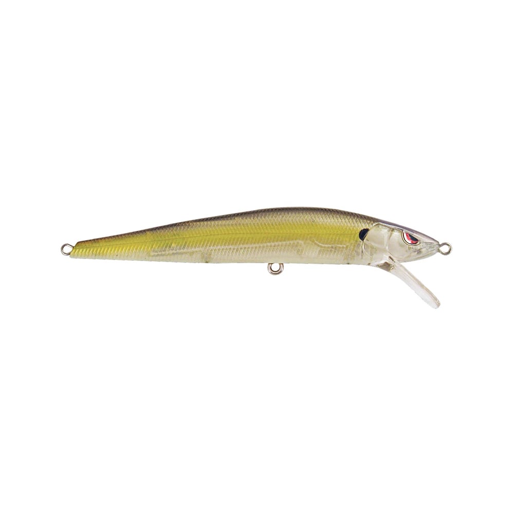 The SPRO McStick 95 Suspending Jerkbait is a realistic fish-shaped lure with a yellow-green gradient body, silver belly, clear plastic lip, red and black eyes, and sharp Gamakatsu treble hooks, designed to mimic baitfish.