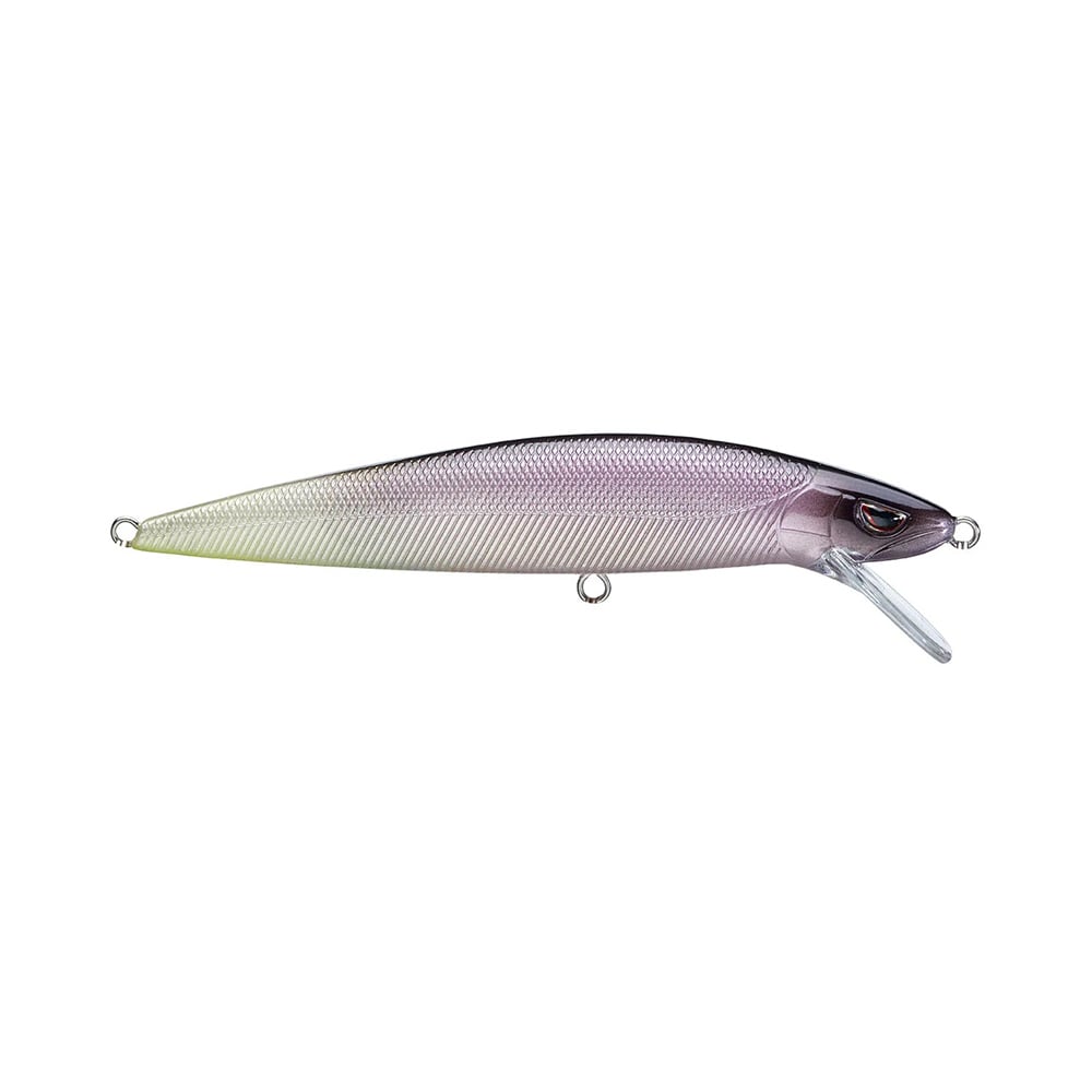 The SPRO Spro McStick 95 Suspending Jerkbait is a realistic purple and silver lure with a streamlined body, textured scales, clear plastic lip, metal attachment rings, and Gamakatsu treble hooks underneath.