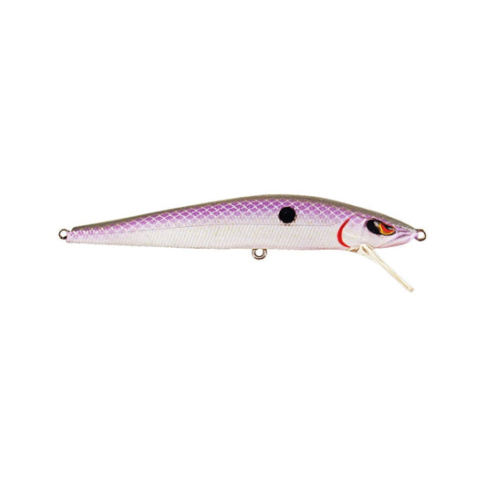 The SPRO McStick 95 Suspending Jerkbait is a purple and white lure with a scale-like texture, red gill mark, black eye, small black side spot, Gamakatsu treble hooks, and a clear plastic diving lip.