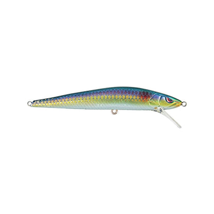 The SPRO McStick 95 Suspending Jerkbait features a metallic blue and yellow scale pattern, lifelike fish eye, clear plastic lip, and three rings for Gamakatsu treble hooks and line attachment.