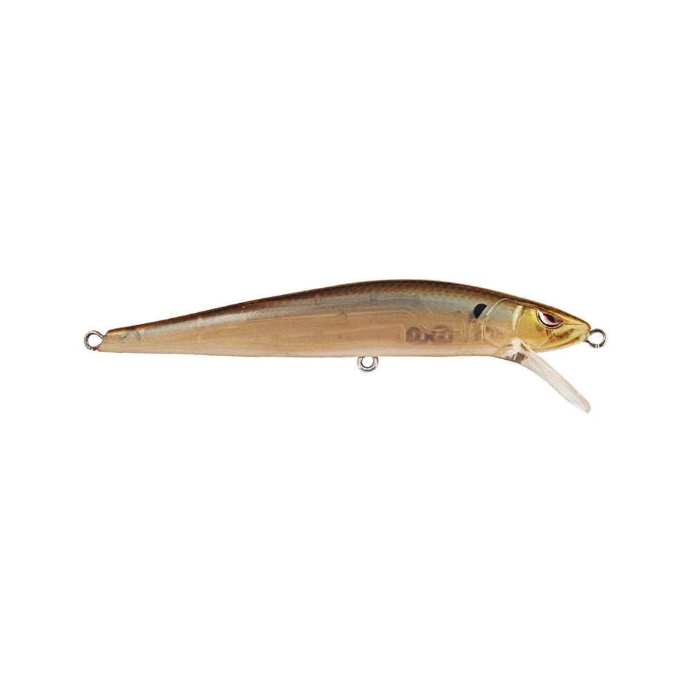 The SPRO McStick 95 Suspending Jerkbait is a brown and silver lure with a sleek, fish-like shape, clear plastic lip, and metal loops for fishing line and Gamakatsu treble hooks.
