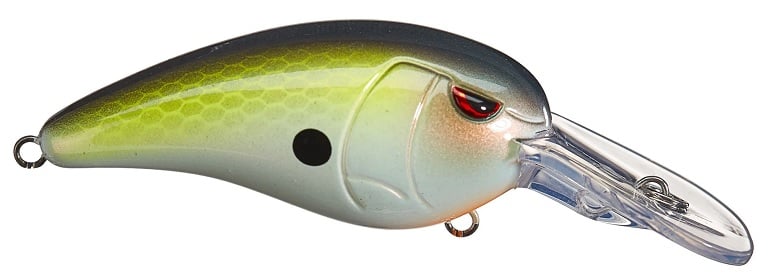 The SPRO RkCrawler MD 55 Crankbaits is a colorful lure with a green and yellow body, dark back, and red eye detail. It has a clear plastic bill for shallow dives and features Gamakatsu hooks on both ends.