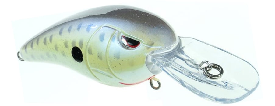 A close-up of the SPRO Spro RkCrawler 50 Crankbait, a fish-shaped lure with a shiny silver and green spotted body, large clear plastic lip, Gamakatsu treble hooks, and a metal ring for line attachment.