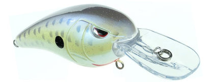 The SPRO RkCrawler MD 55 Crankbait features a metallic gray and yellow fish design with realistic eyes. It includes Gamakatsu hooks, a clear plastic lip for shallow dives, and sturdy metal rings for secure fishing line attachment.