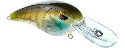 A close-up of the SPRO RkCrawler 50 Crankbait, featuring a metallic green and brown body with blue highlights, a red eye, Gamakatsu treble hooks, and a large clear lip that mimics a small fish.