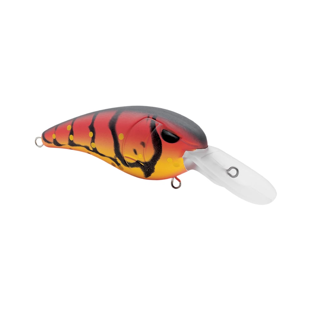 The SPRO RkCrawler MD 55 Crankbait is a red/yellow lure with black spots and a silver lip, designed to mimic fish. Featuring Gamakatsu hooks at both ends, it ensures secure catches and has a streamlined body for effective shallow diving.