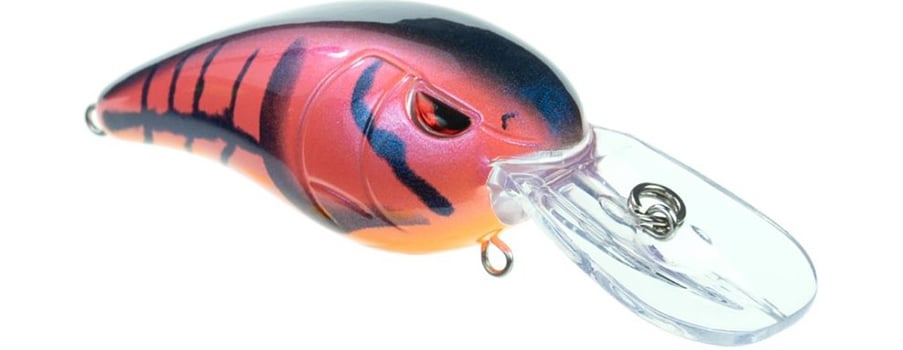 The SPRO RkCrawler 50 Crankbait features a red and orange body with black tiger stripes, Gamakatsu treble hooks, and a large clear plastic lip for diving.