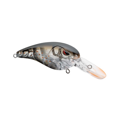 The SPRO RkCrawler 50 Crankbaits feature a fish-shaped design with a dark gray back, translucent body, orange spots, and clear bill, plus metal eyelets and sturdy Gamakatsu treble hooks for secure line attachment.