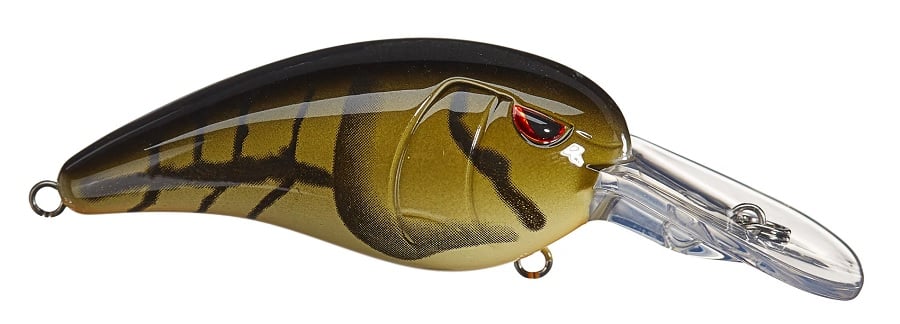 The Spro RkCrawler MD 55 Crankbait by SPRO features a close-up image of a fish-shaped design with a dark to golden-brown gradient, black stripes, and red eyes. It includes a clear plastic lip for shallow diving, two metal loops for line attachment, and sharp Gamakatsu hooks.
