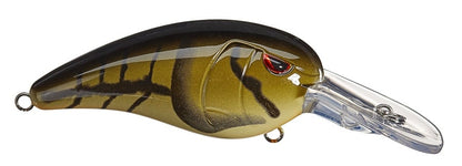 The Spro RkCrawler MD 55 Crankbait by SPRO features a close-up image of a fish-shaped design with a dark to golden-brown gradient, black stripes, and red eyes. It includes a clear plastic lip for shallow diving, two metal loops for line attachment, and sharp Gamakatsu hooks.