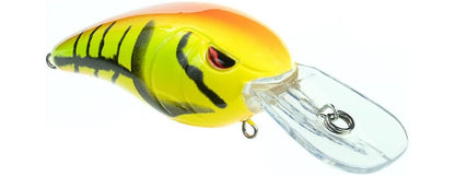 The SPRO RkCrawler MD 55 Crankbaits, featuring Gamakatsu hooks, is vibrant in yellow and orange with red eyes and black stripes. It includes a clear plastic lip for precise shallow dive action, ensuring reliability below the surface.