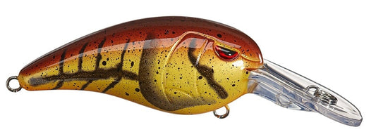 The SPRO RkCrawler MD 55 Crankbaits boast a brown and yellow body with black stripes and vivid red eyes. Featuring a transparent bill for shallow dives, it includes metal rings for your choice of Gamakatsu hooks or line attachments.