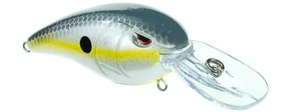 The SPRO RkCrawler MD 55 Crankbait resembles a small fish, featuring a silver body with a yellow stripe, red eyes, and a black spot near the head. It includes Gamakatsu hooks and a transparent curved lip for shallow dives.