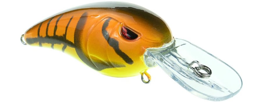 The SPRO Spro RkCrawler 50 Crankbait features an orange and yellow body with black stripes, red eye detail, Gamakatsu treble hooks, and a clear plastic lip for diving action.