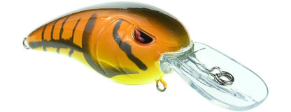 The SPRO Spro RkCrawler 50 Crankbait features an orange and yellow body with black stripes, red eye detail, Gamakatsu treble hooks, and a clear plastic lip for diving action.