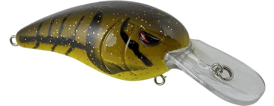The SPRO Spro RkCrawler 50 Crankbait is a brown and yellow lure with black stripes, red eyes, a shiny finish, and a large clear lip for diving—ideal for fans of premium crankbaits.